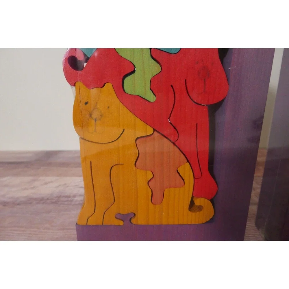 VTG New Wood Dog and Cat Puzzle Hand Made Bookends Nursery Child Room